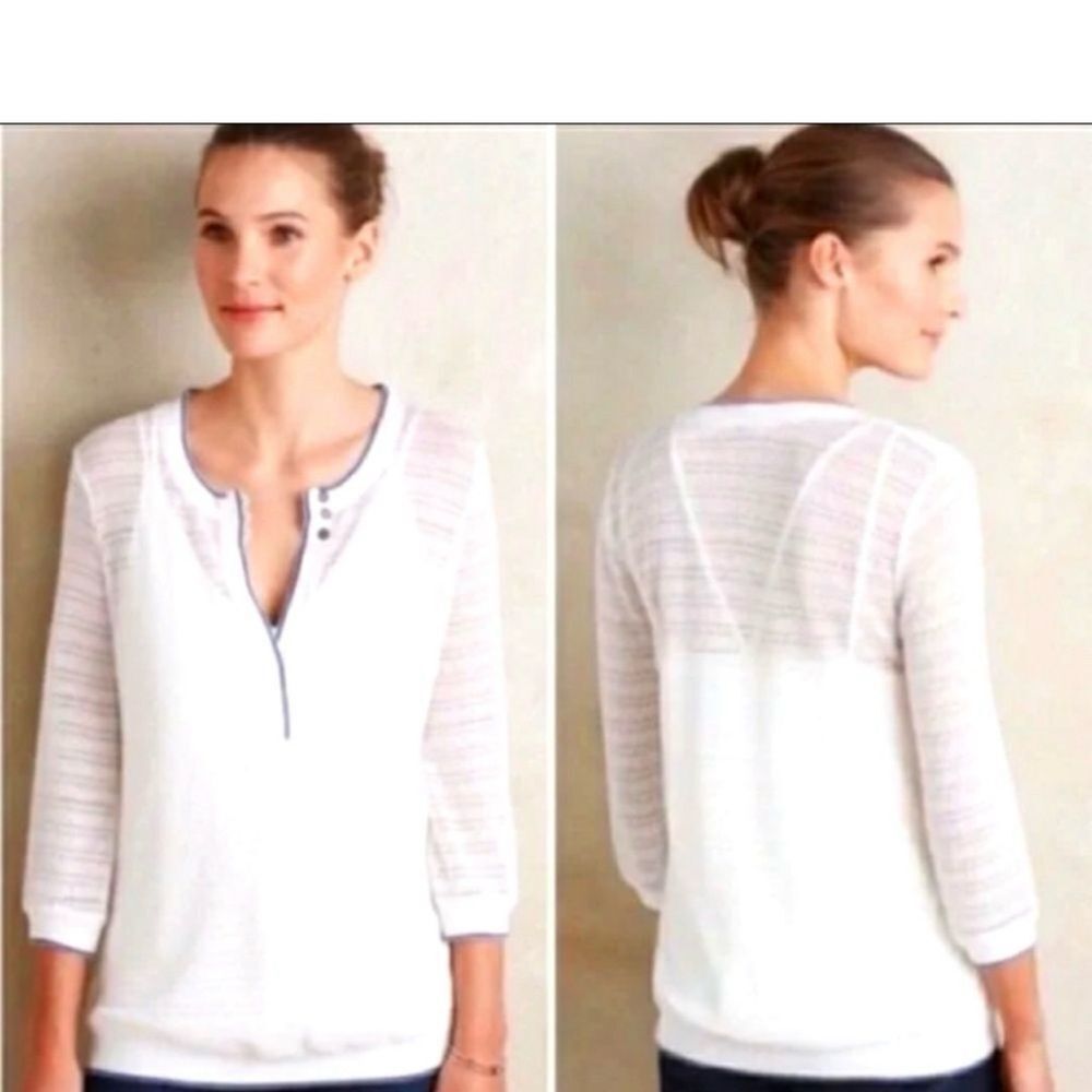 Anthropologie Postage Stamp Small White Button ‎ Open Henley boho Cottagecore